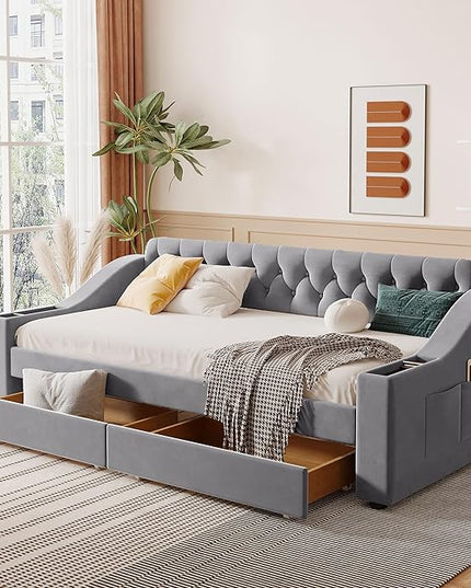 Twin Size Daybed with Storage Armrests & 2 Drawers,Upholstered Sofa Bed W/USB Ports & Button Tufted Backrest,No Box Spring Needed,Multi-Function Bedframe for Living Room Bedroom,Gray Velvet - LeafyLoom