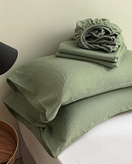 Simple&Opulence 100% Linen Sheet Set Solid Color-4 Pcs Washed French Linen Bed Sheets(1 Flat Sheet,1 Fitted Sheet,2 Pillowcases)-Breathable Bedding Set (Sage Green, Queen) - LeafyLoom