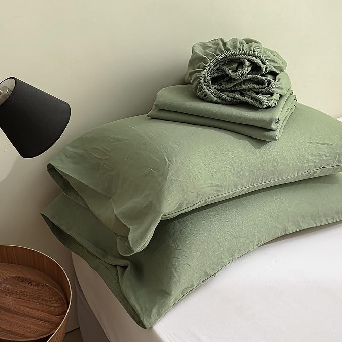Simple&Opulence 100% Linen Sheet Set Solid Color-4 Pcs Washed French Linen Bed Sheets(1 Flat Sheet,1 Fitted Sheet,2 Pillowcases)-Breathable Bedding Set (Sage Green, Queen) - LeafyLoom