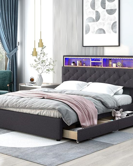 Queen Size Bed Frame with LED Headboard, USB Charging, Upholstered Platform Bed with Storage Drawers and Headboard, No Box Spring Needed, Dark Gray - LeafyLoom