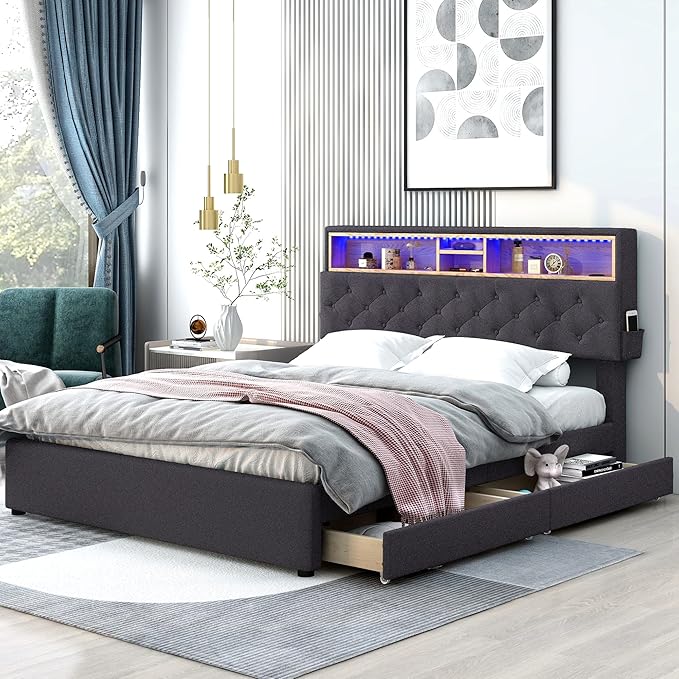 Queen Size Bed Frame with LED Headboard, USB Charging, Upholstered Platform Bed with Storage Drawers and Headboard, No Box Spring Needed, Dark Gray - LeafyLoom