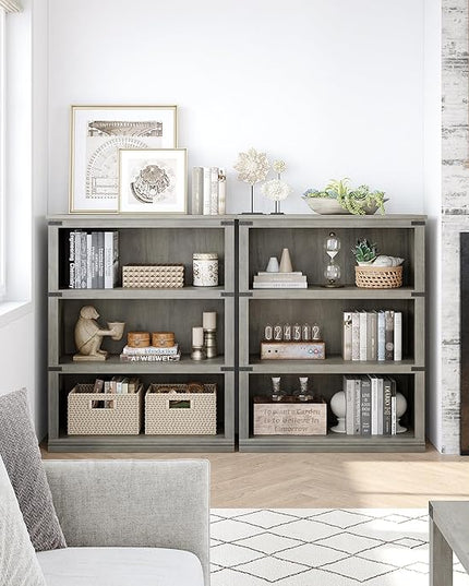 GAOMON 3 Tier Bookcase, Farmhouse Book shelf with Storage Open Display Bookshelves, 40" Low Book Case Wooden 3 Shelf Bookcase Home Decor Furniture for Home Office, Living Room, Bed Room - Grey - LeafyLoom