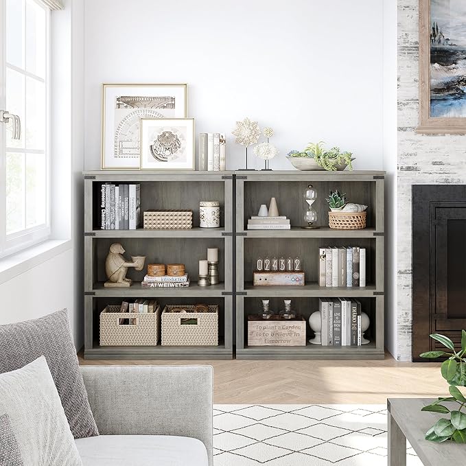 GAOMON 3 Tier Bookcase, Farmhouse Book shelf with Storage Open Display Bookshelves, 40" Low Book Case Wooden 3 Shelf Bookcase Home Decor Furniture for Home Office, Living Room, Bed Room - Grey - LeafyLoom