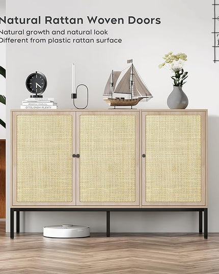 Brafab Rattan Cabinet Storage Sideboard Buffet Table Accent Console for Living Room Entryway Kitchen Dining Room 3 Doors - LeafyLoom