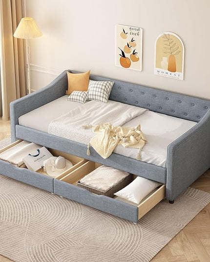 Twin Size Daybed with 2 Drawers, Upholstered Tufted Sofa Bed with Button on Back and Piping on Waved Shape Arms for Bedroom, Apartment, Living Room, Wooden Slats Support, Light Grey - LeafyLoom