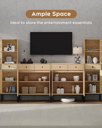 XIAO WEI Entertainment Center for TV up to 70 inch, Sideboard Cabinet Natural Rattan Woven Doors & Drawers, Media Console Tall Storage Cabinet, Rattan Cabinet, Metal legs - LeafyLoom