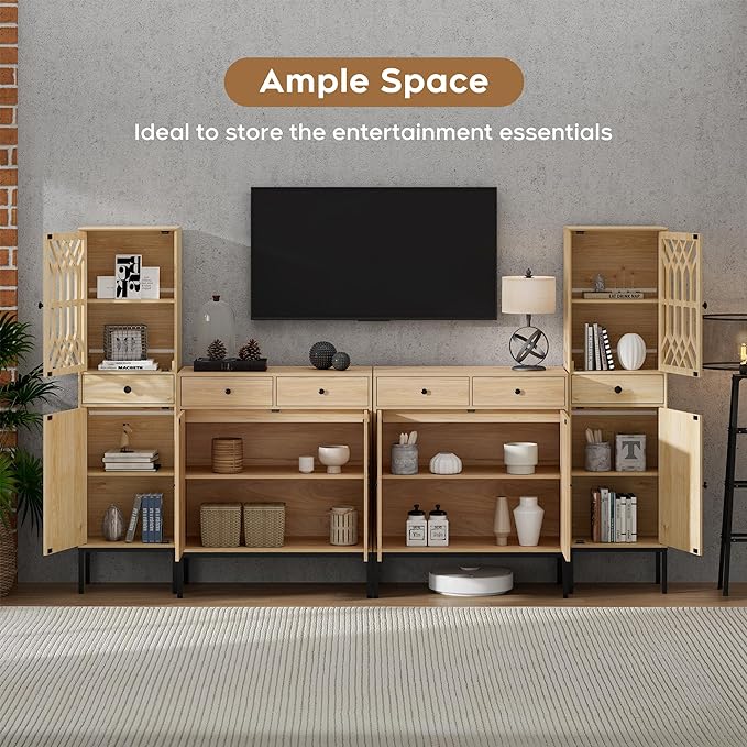 XIAO WEI Entertainment Center for TV up to 70 inch, Sideboard Cabinet Natural Rattan Woven Doors & Drawers, Media Console Tall Storage Cabinet, Rattan Cabinet, Metal legs - LeafyLoom