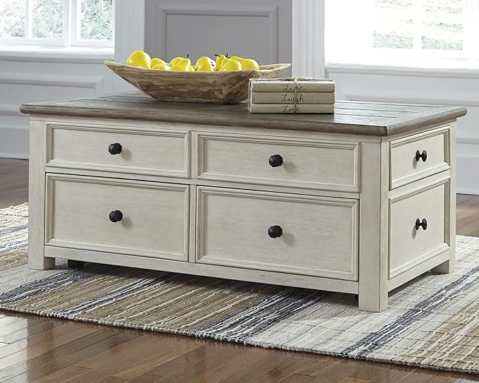 Signature Design by Ashley Bolanburg Farmhouse Lift Top Coffee Table with Drawers, Antique Cream & Brown - LeafyLoom