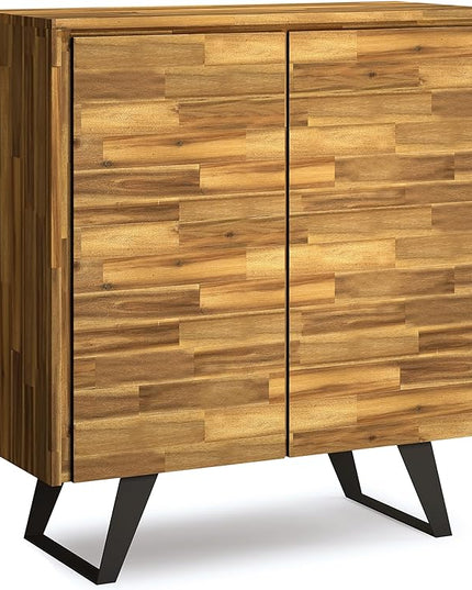 SIMPLIHOME Lowry SOLID ACACIA WOOD and Metal 39 Inch Wide Modern Industrial Medium Storage Cabinet in Distressed Golden Wheat, For the Living Room, Entryway and Family Room - LeafyLoom