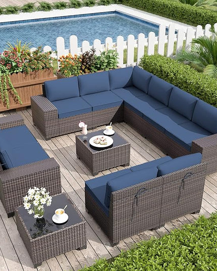 Patio Furniture Set Sofa 12-Pieces Wicker Sectional Sofa Set, Outdoor Furniture Rattan Patio Conversation Set with Thickened Cushions and Glass Coffee Table, Navy Blue - LeafyLoom