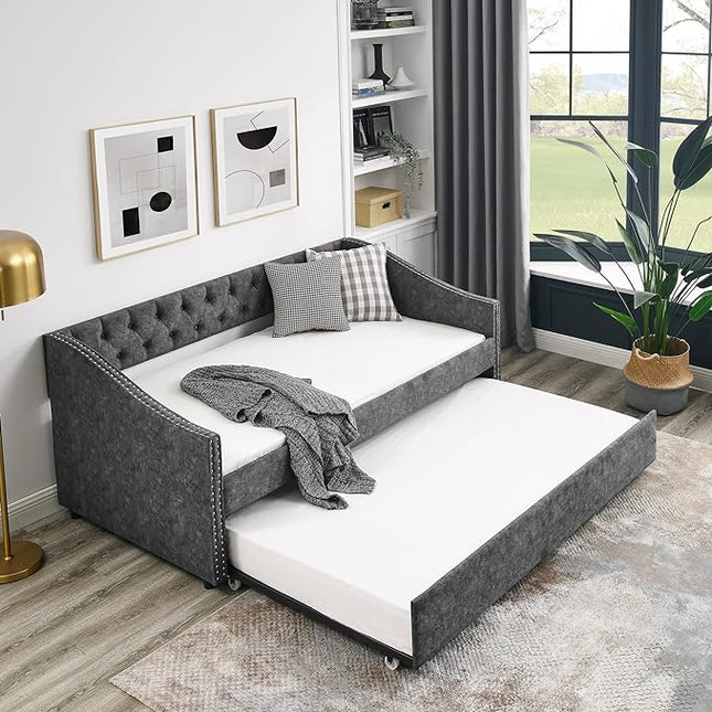 Twin Size Daybed with Trundle,Linen Upholstered Sofa Bed W/Button on Back & Copper Nail on Waved Shape Armrests,Space Saving,No Spring Box Need,Wood Bedframe for Living Room Bedroom Dorm,Grey - LeafyLoom