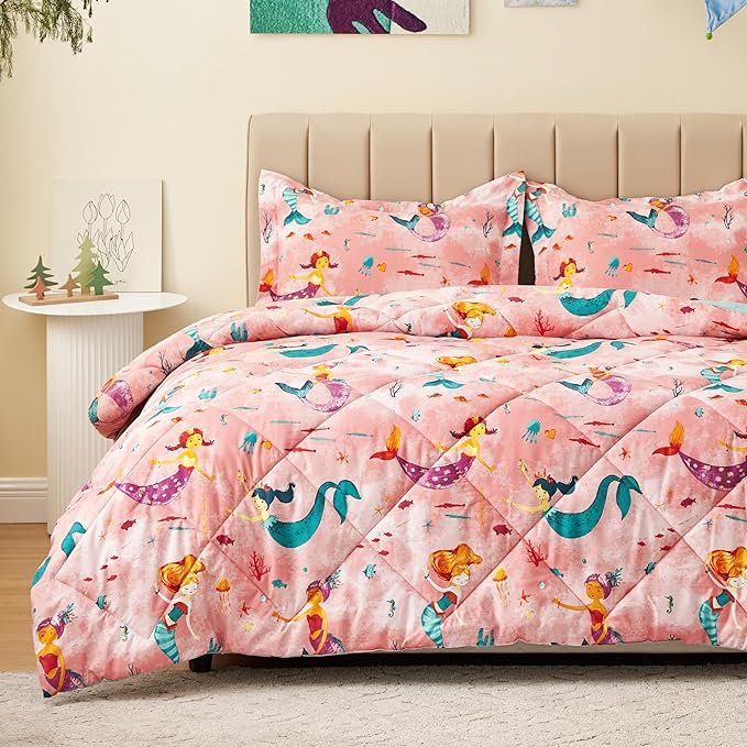 Twin Mermaid Bedding Sets for Girls, 3 Pieces Kids Queen Comforter Sets, Super Soft Lightweight for All Seasons, Includes 1 Comforter (88"x88") and 2 Pillowcase (20"x26"+2") - LeafyLoom