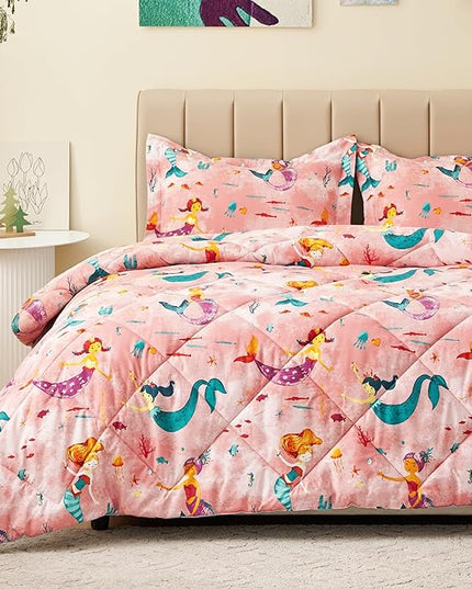 Twin Mermaid Bedding Sets for Girls, 2 Pieces Kids Twin Comforter Sets, Super Soft Lightweight for All Seasons, Includes 1 Comforter (66"x86") and 1 Pillowcase (20"x26"+2") - LeafyLoom