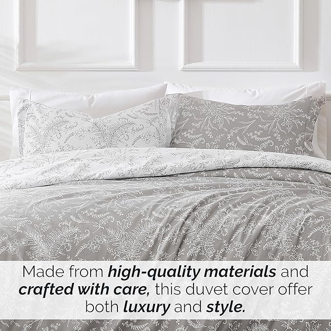Southshore Fine Living, Inc. Full/Queen Comforter Set, Hotel Quality Floral Comforter with Matching Shams, Reversible Print is 2 Colors in 1, Fits Queen & Full Beds, Winter Brush Grey/White - LeafyLoom