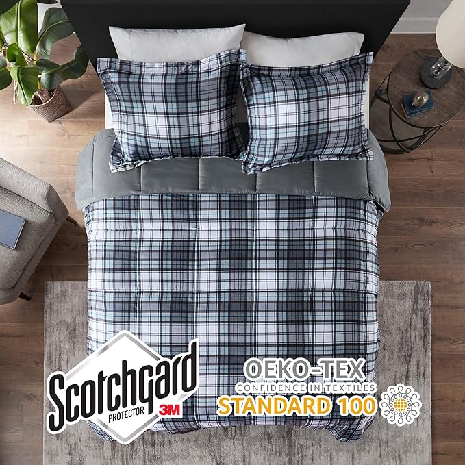Madison Park Essentials Parkston Plaid Comforter, Matching Sham, 3M Scotchguard Stain Release Cover, Hypoallergenic All Season Bedding-Set, King/California King, Grey, 3 Piece - LeafyLoom