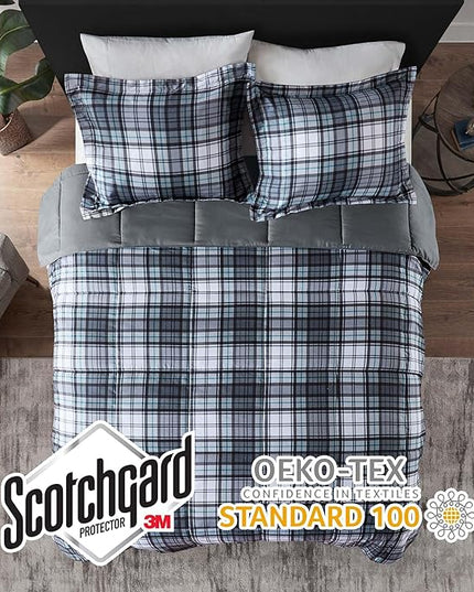 Madison Park Essentials Parkston Plaid Comforter, Matching Sham, 3M Scotchguard Stain Release Cover, Hypoallergenic All Season Bedding-Set, Twin/TwinXL, Grey, 2 Piece - LeafyLoom