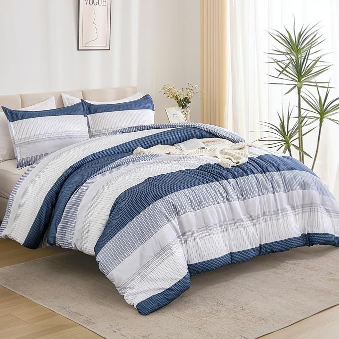 Litanika Mineral Blue Bed Comforter Set Twin/Twin XL Size, 2 Pieces Lightweight Striped Bedding Comforter Set, Soft All Season Down Alternative Comforter (1 Comforter, 1 Pillowcase) - LeafyLoom