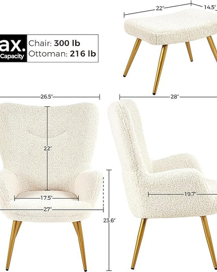 Yaheetech Accent Chair and Ottoman Set, Sherpa Armchair with Golden Metal Legs and High Back, Footstool for Living Room, Lounge, Ivory - LeafyLoom