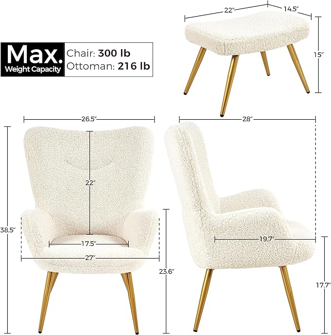Yaheetech Accent Chair and Ottoman Set, Sherpa Armchair with Golden Metal Legs and High Back, Footstool for Living Room, Lounge, Ivory - LeafyLoom