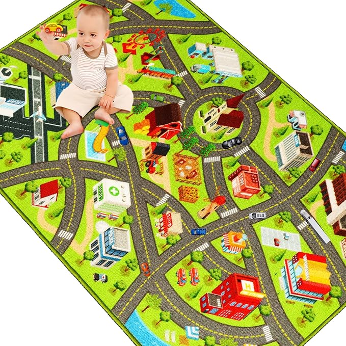 Kids Rugs Traffic Road Carpet for Car City Map Play Rug 3.3'×5' for Playroom Educational Mat Area Rug, Kid Playtime Collection Toddler Car Track Rug Cute Cartoon (City Road A, 39.4×59 in) - LeafyLoom