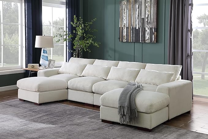 Modular Sectional Sofa with 2 Ottomans, Linen Blend Upholstery Couches Sleeper with Movable Chaise for Living Room, Apartment, 123.24inch, Beige-1 - LeafyLoom