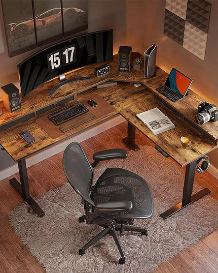 FEZIBO 63" L Shaped Standing Desk with 4 Drawers, Electric Standing Gaming Desk Adjustable Height, Corner Stand up Desk with Splice Board, Black Frame/Rustic Brown Top - LeafyLoom