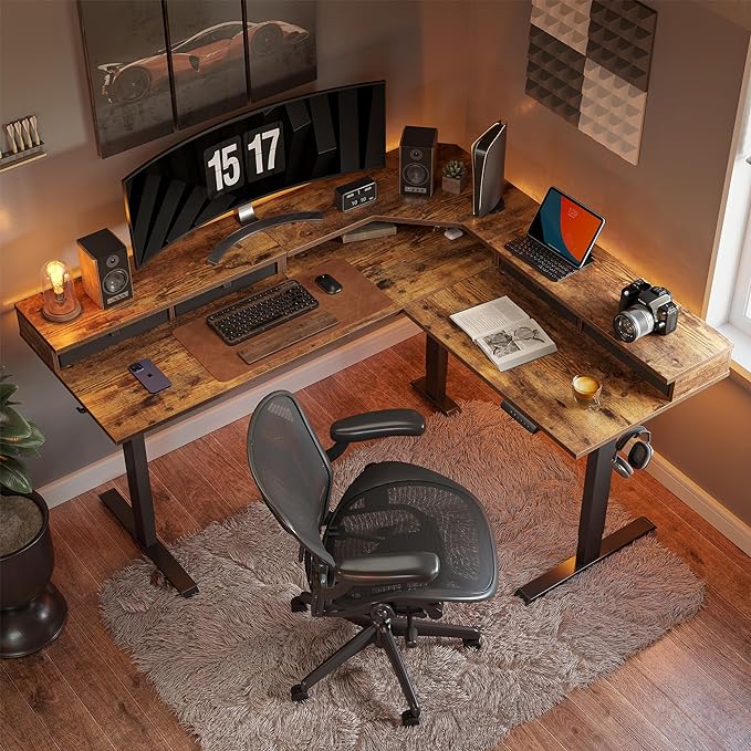 FEZIBO 63" L Shaped Standing Desk with 4 Drawers, Electric Standing Gaming Desk Adjustable Height, Corner Stand up Desk with Splice Board, Black Frame/Rustic Brown Top - LeafyLoom