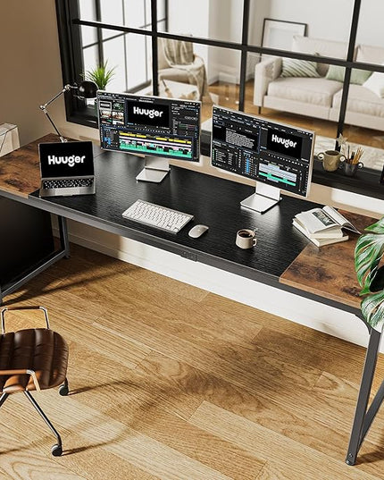 Computer Desk, 80 Inch Office Desk, Gaming Desk with Storage, Writing Desk Work Desk for Home Office, Study, Long Simple Desk, Large Legroom, Metal Frame, Rustic Brown and Black - LeafyLoom