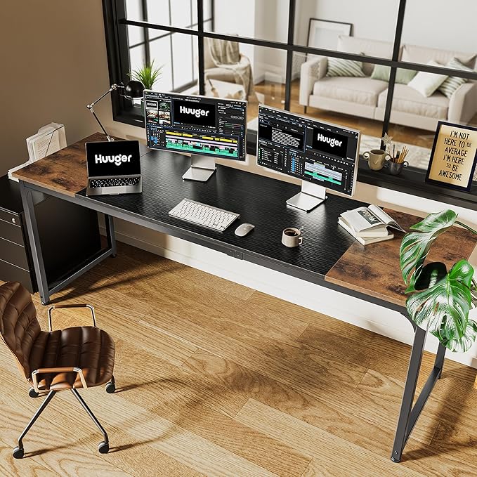 Computer Desk, 80 Inch Office Desk, Gaming Desk with Storage, Writing Desk Work Desk for Home Office, Study, Long Simple Desk, Large Legroom, Metal Frame, Rustic Brown and Black - LeafyLoom