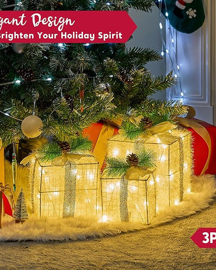 Joiedomi Christmas Lighted Gift Boxes, Christmas Decorations Set of 3, Light up Present Boxes, 60 LED Warm White Lights for Indoor Holiday Décor, Christmas Eve Night Décor Joiedomi