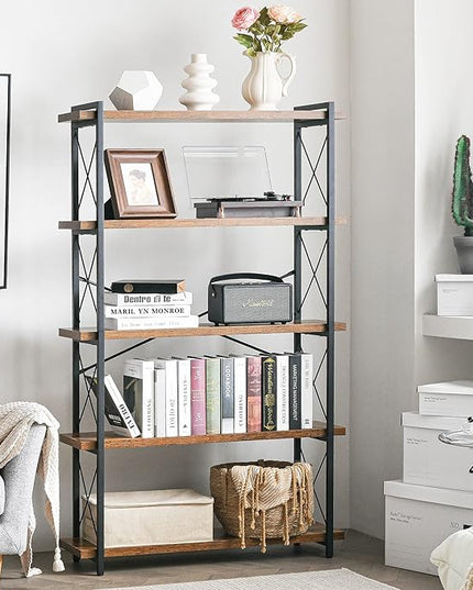 HCHQHS Bookshelf, 5-Tier Industrial Bookcase, Rustic Open Book Shelf, Freestanding Tall Bookshelves with Metal Frame - LeafyLoom