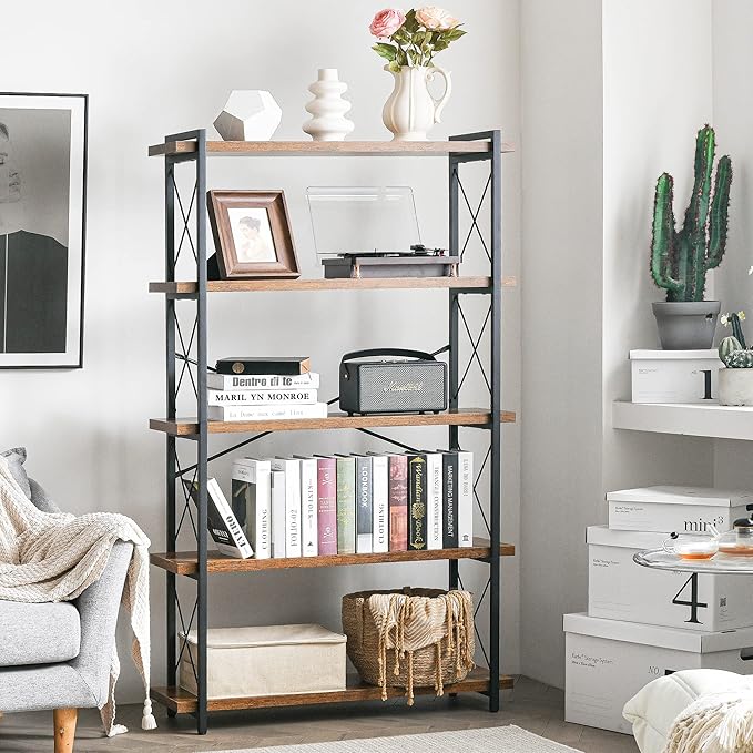 HCHQHS Bookshelf, 5-Tier Industrial Bookcase, Rustic Open Book Shelf, Freestanding Tall Bookshelves with Metal Frame - LeafyLoom