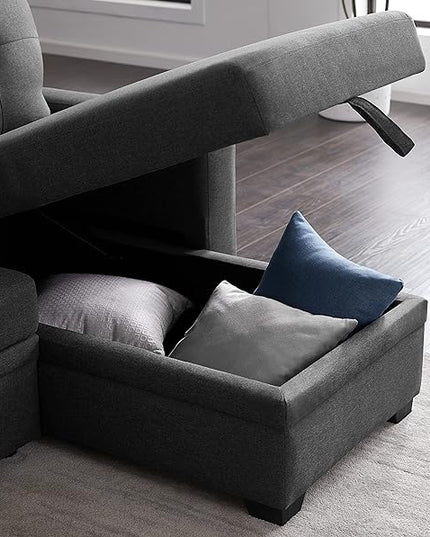 82‘’ L-Shape Convertible Sleeper Sectional Sofa with Storage Chaise,Linen Upholstered Reversible Corner Couch for Living Room, Apartment and Office Gray, 82inch, Dark Grey-8 - LeafyLoom
