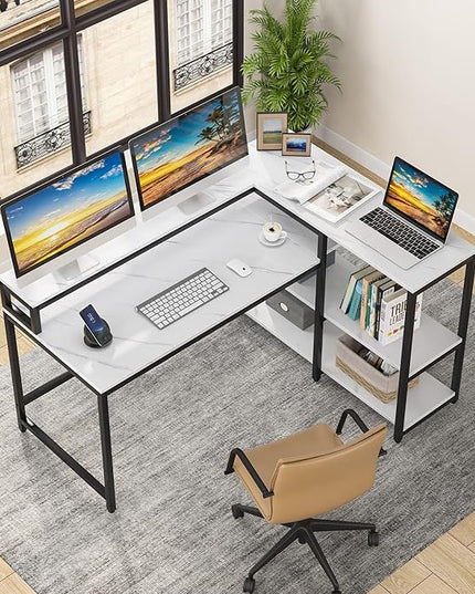 Reversible L Shaped Computer Desk with Storage Shelf, Industrial Corner Desk with Monitor Stand for Home Office - LeafyLoom
