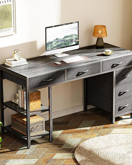 Computer Desk with 6 Drawers, 47 Inch Office Desk with Shelves, Reversible Gaming Desk, Corner Desk with Storage, Work Desk for Home Office, Study, Living Room, Gray - LeafyLoom
