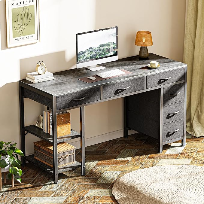 Computer Desk with 6 Drawers, 47 Inch Office Desk with Shelves, Reversible Gaming Desk, Corner Desk with Storage, Work Desk for Home Office, Study, Living Room, Gray - LeafyLoom