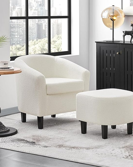 Yaheetech Accent Chair and Ottoman Set, Modern Fuzzy Sherpa Barrel Chair and Footrest, Comfy Boucle Armchair and Footstool for Living Room/Bedroom/Reading Room/Guestroom, Ivory - LeafyLoom
