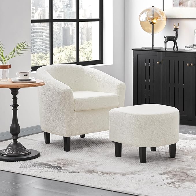 Yaheetech Accent Chair and Ottoman Set, Modern Fuzzy Sherpa Barrel Chair and Footrest, Comfy Boucle Armchair and Footstool for Living Room/Bedroom/Reading Room/Guestroom, Ivory - LeafyLoom
