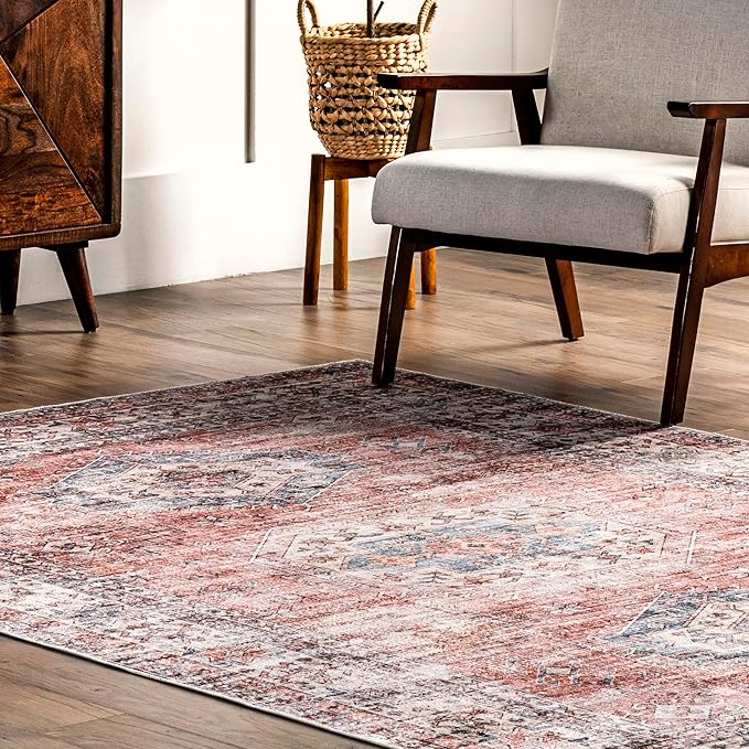 nuLOOM Desna Machine Washable Faded Vintage Ultra Thin Runner Rug, 2' 6" x 6', Peach - LeafyLoom