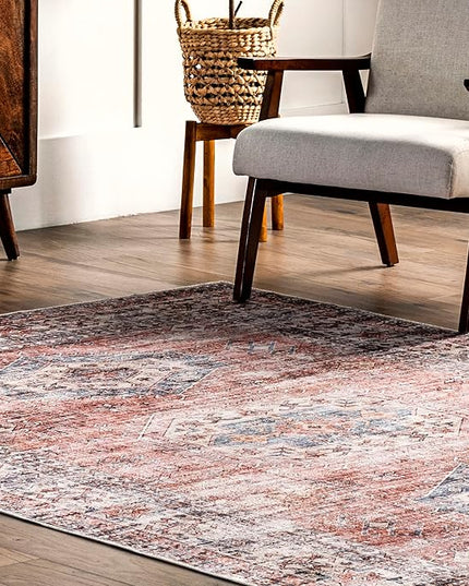 nuLOOM Desna Machine Washable Faded Vintage Ultra Thin Area Rug, 4' x 6', Peach - LeafyLoom