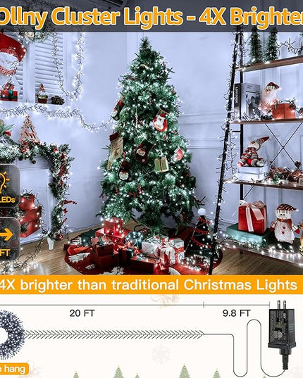 Ollny Cluster Lights for Christmas Tree, 400LED 20ft Cool White Christmas Lights Outdoor 8 Modes Timer Remote, Waterproof String Lights for Indoor Outside Garland Xmas Decorations Ollny