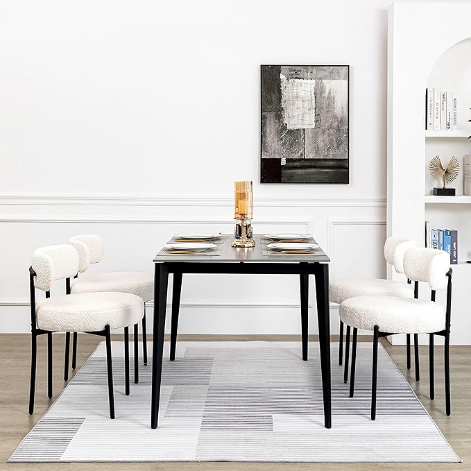 DYHOME Dining Chairs Set of 4, White Modern Upholstered Kitchen Dining Room Chairs, Boucle Dining Chairs Curved Backrest, Mid Century Kitchen Chairs with Black Metal Legs - LeafyLoom