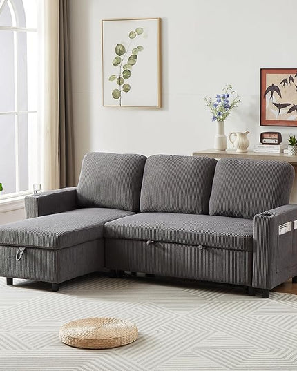 3 Seater Reversible Sleeper Sectional Sofa Bed with Storage Chaise Lounge and Cupholders, Corduroy Upholstered Convertible Sofabed Corner Couch,L Shaped Sofá for Living Room Office, Grey 78.5" - LeafyLoom