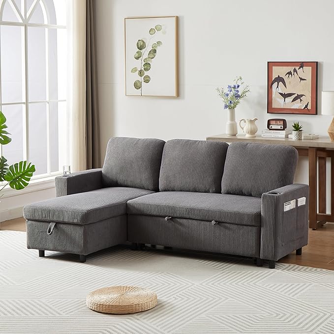 3 Seater Reversible Sleeper Sectional Sofa Bed with Storage Chaise Lounge and Cupholders, Corduroy Upholstered Convertible Sofabed Corner Couch,L Shaped Sofá for Living Room Office, Grey 78.5" - LeafyLoom