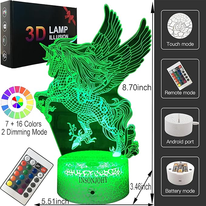 Unicorn Gifts Night Lights for Kids Night Light with Remote & Smart Touch 7 Colors + 16 Colors Changing Dimmable Unicorn Toys 3 4 5 6 7 8 9 Year Old Girl Boy Gifts (Unicorn Pegasus) - LeafyLoom