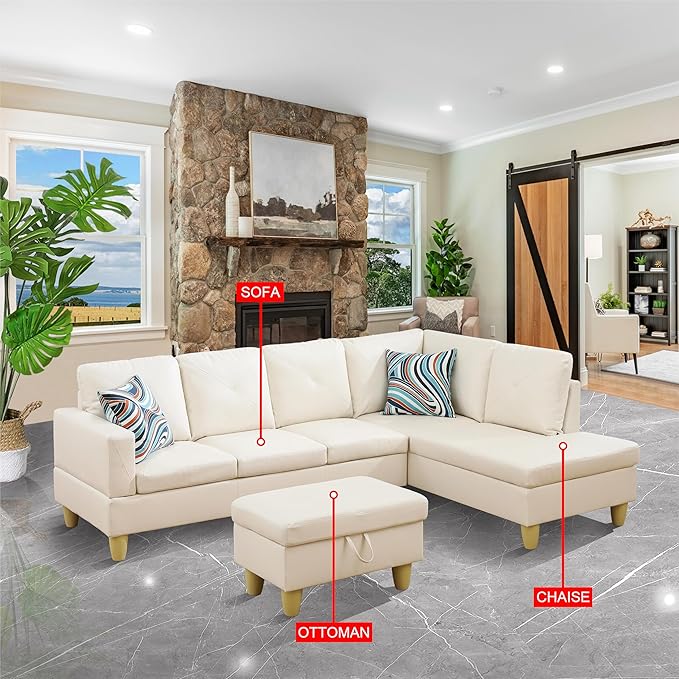 Faux Leather L Shape Sofa, Modern Sofa&Couch for Living Room,5-Seat Comfy Sectional Sofá Corner Couch Set with Wide Chaise for Bedroom,Office, White - LeafyLoom