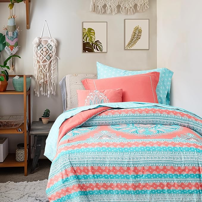 Degrees of Comfort Bed in a Bag Twin XL, Boho Medallion Comforter Sets for college girls, Microfiber 6 Pieces Bedding Set with Sheet, Matching Decorative Pillow, Coral - LeafyLoom
