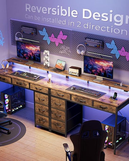 Gaming Desk with 6 Drawers, Computer Desk with LED Lights Power Outlets and Type-C, 39 Inch Office Desk with Storage, Monitor Stand, Writing Desk Work Desk Home Office, Study, Rustic Brown - LeafyLoom