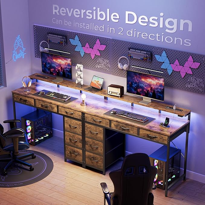 Gaming Desk with 6 Drawers, Computer Desk with LED Lights Power Outlets and Type-C, 39 Inch Office Desk with Storage, Monitor Stand, Writing Desk Work Desk Home Office, Study, Rustic Brown - LeafyLoom