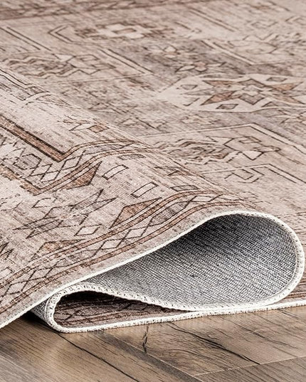 nuLOOM Amie Persian Border Machine Washable Ultra Thin Area Rug, 4' x 6', Light Brown - LeafyLoom